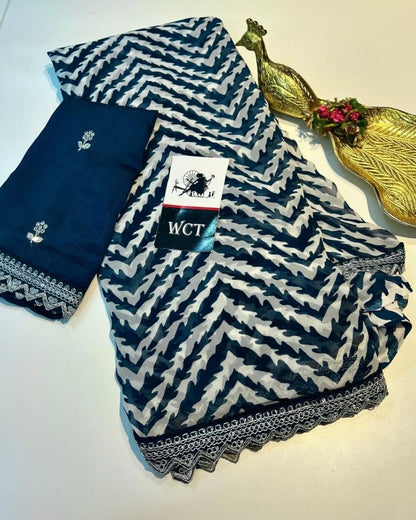 Lehriya Georgette Printed Saree with Heavy Sequin Lace Border & Silk Embroidered Blouse – Lahriya Special Collection