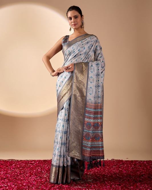 Silver Grey Litchi Silk Saree with Floral Motifs, Gold-Tone Border and Multicolour Pallu with Running Blouse