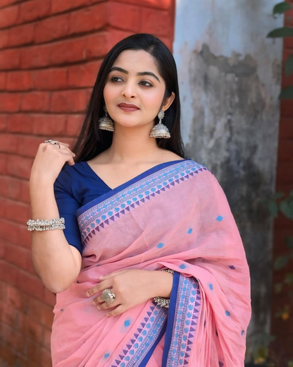 Pink Linen Saree with Blue Temple Border and Woven Butis, 6.3 Metres with Running Blouse Piece for Daily Wear