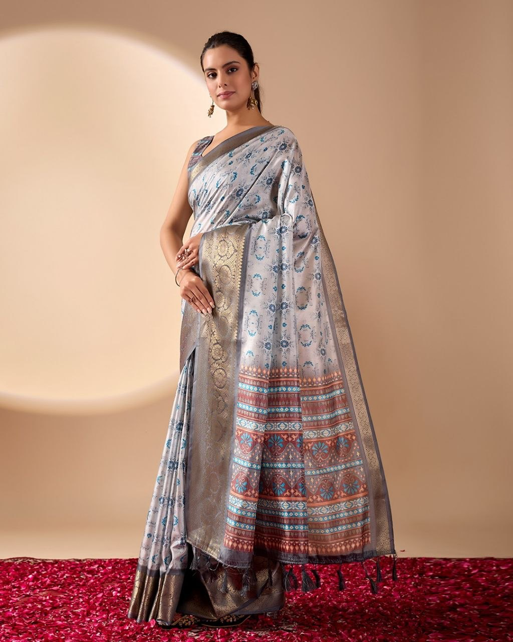Silver Grey Litchi Silk Saree with Floral Motifs, Gold-Tone Border and Multicolour Pallu with Running Blouse