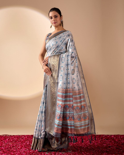 Silver Grey Litchi Silk Saree with Floral Motifs, Gold-Tone Border and Multicolour Pallu with Running Blouse