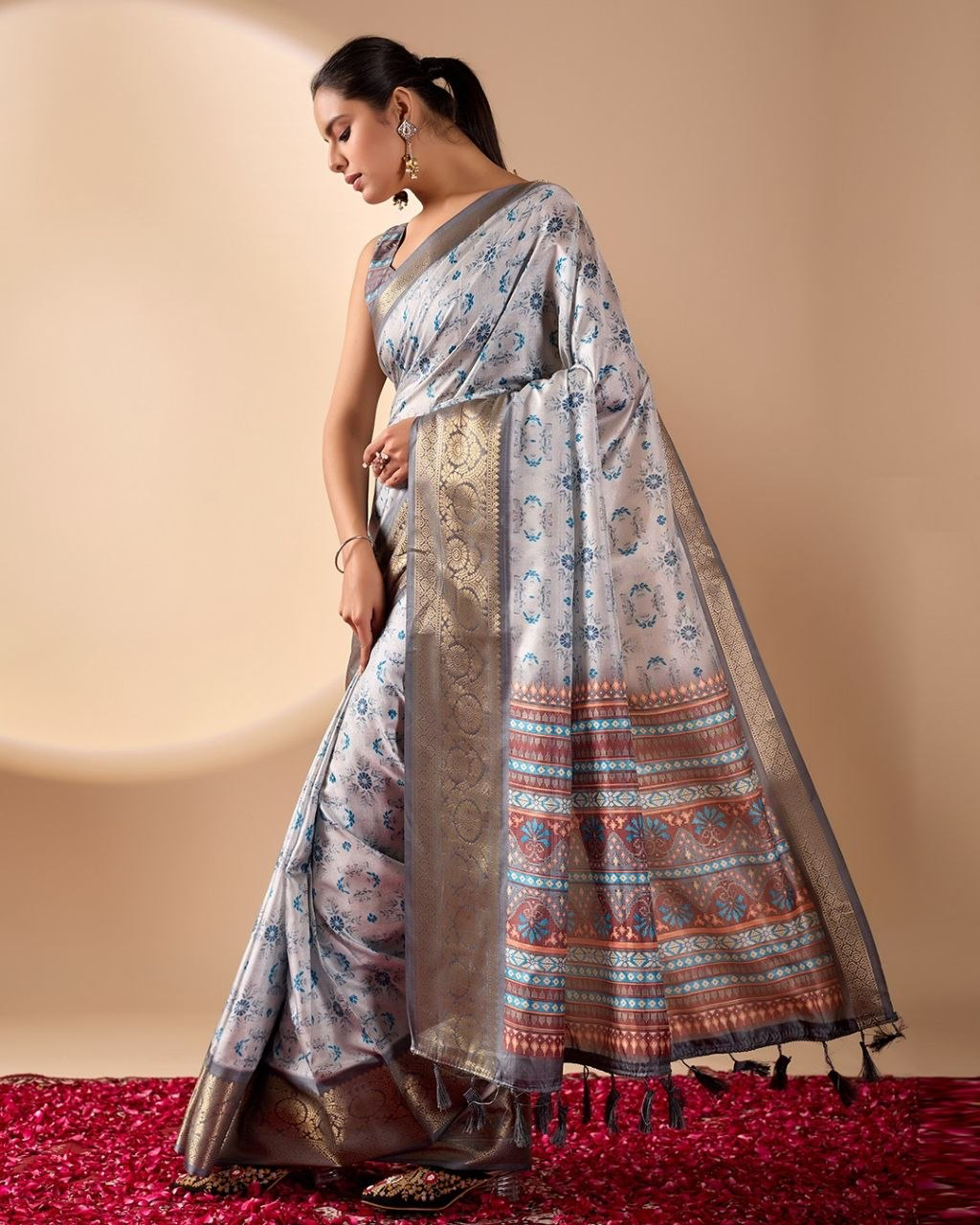 Silver Grey Litchi Silk Saree with Floral Motifs, Gold-Tone Border and Multicolour Pallu with Running Blouse