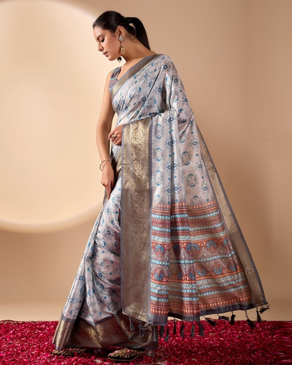 Silver Grey Litchi Silk Saree with Floral Motifs, Gold-Tone Border and Multicolour Pallu with Running Blouse