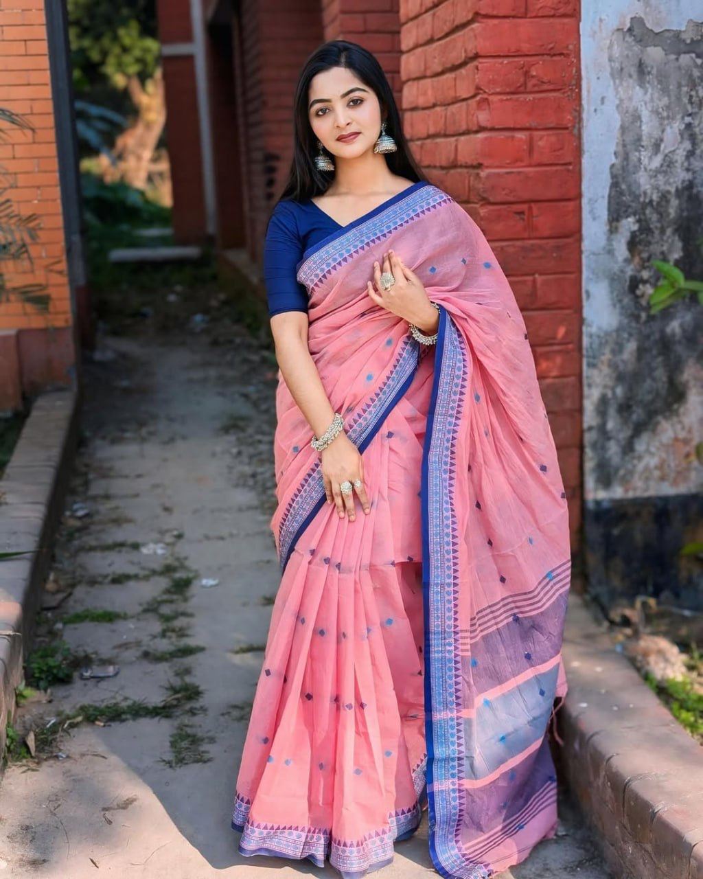 Pink Linen Saree with Blue Temple Border and Woven Butis, 6.3 Metres with Running Blouse Piece for Daily Wear