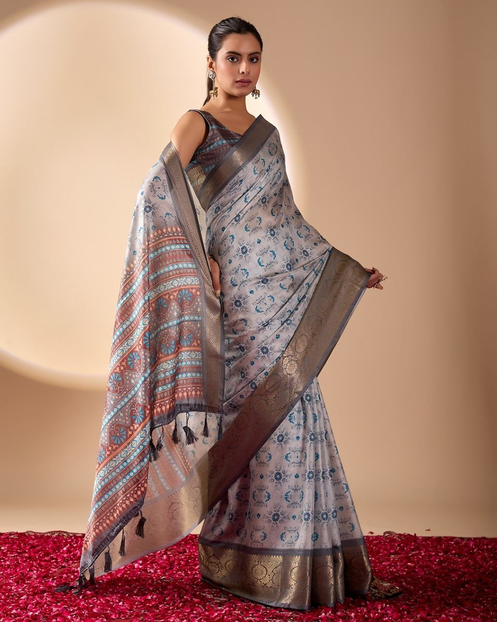 Silver Grey Litchi Silk Saree with Floral Motifs, Gold-Tone Border and Multicolour Pallu with Running Blouse