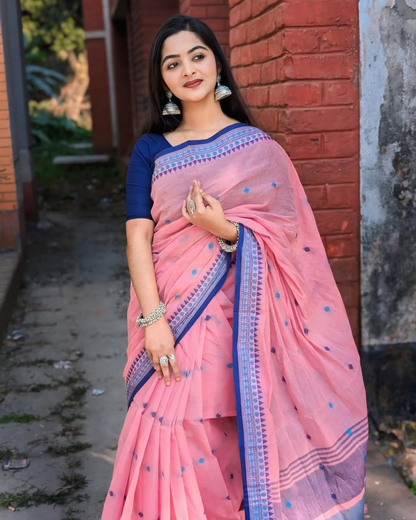 Pink Linen Saree with Blue Temple Border and Woven Butis, 6.3 Metres with Running Blouse Piece for Daily Wear