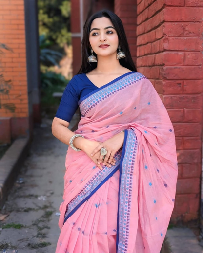 Pink Linen Saree with Blue Temple Border and Woven Butis, 6.3 Metres with Running Blouse Piece for Daily Wear