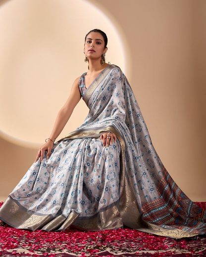 Silver Grey Litchi Silk Saree with Floral Motifs, Gold-Tone Border and Multicolour Pallu with Running Blouse