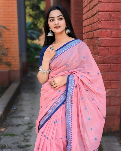Pink Linen Saree with Blue Temple Border and Woven Butis, 6.3 Metres with Running Blouse Piece for Daily Wear
