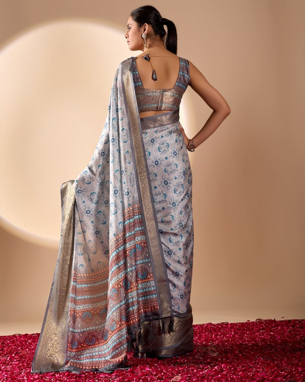 Silver Grey Litchi Silk Saree with Floral Motifs, Gold-Tone Border and Multicolour Pallu with Running Blouse