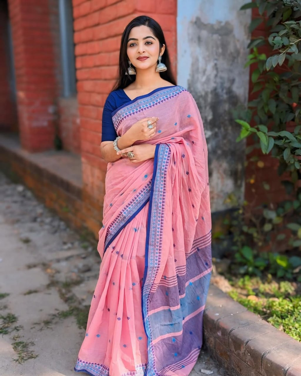 Pink Linen Saree with Blue Temple Border and Woven Butis, 6.3 Metres with Running Blouse Piece for Daily Wear
