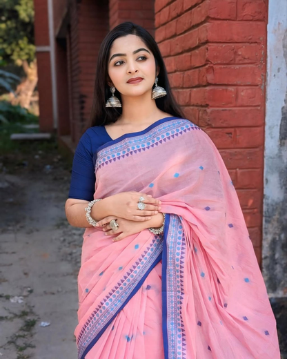 Pink Linen Saree with Blue Temple Border and Woven Butis, 6.3 Metres with Running Blouse Piece for Daily Wear