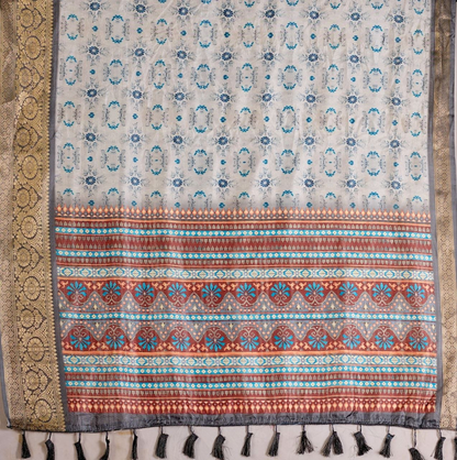Silver Grey Litchi Silk Saree with Floral Motifs, Gold-Tone Border and Multicolour Pallu with Running Blouse