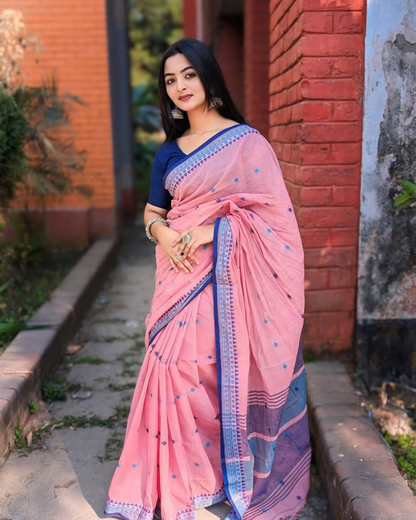 Pink Linen Saree with Blue Temple Border and Woven Butis, 6.3 Metres with Running Blouse Piece for Daily Wear
