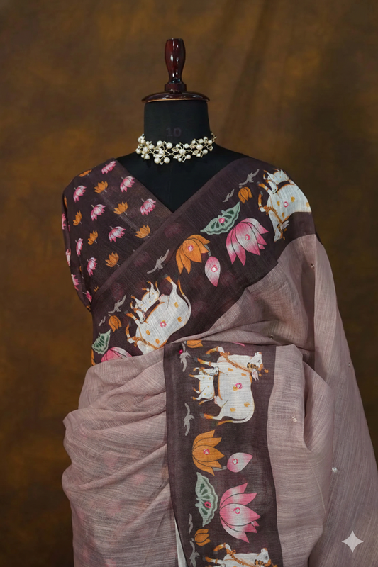 Soft Linen Cotton Animal Print Saree With Running Blouse And Aari Work All Over Saree