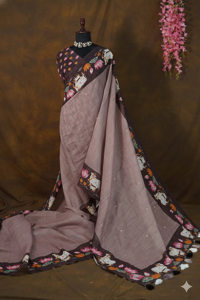 Soft Linen Cotton Animal Print Saree With Running Blouse And Aari Work All Over Saree