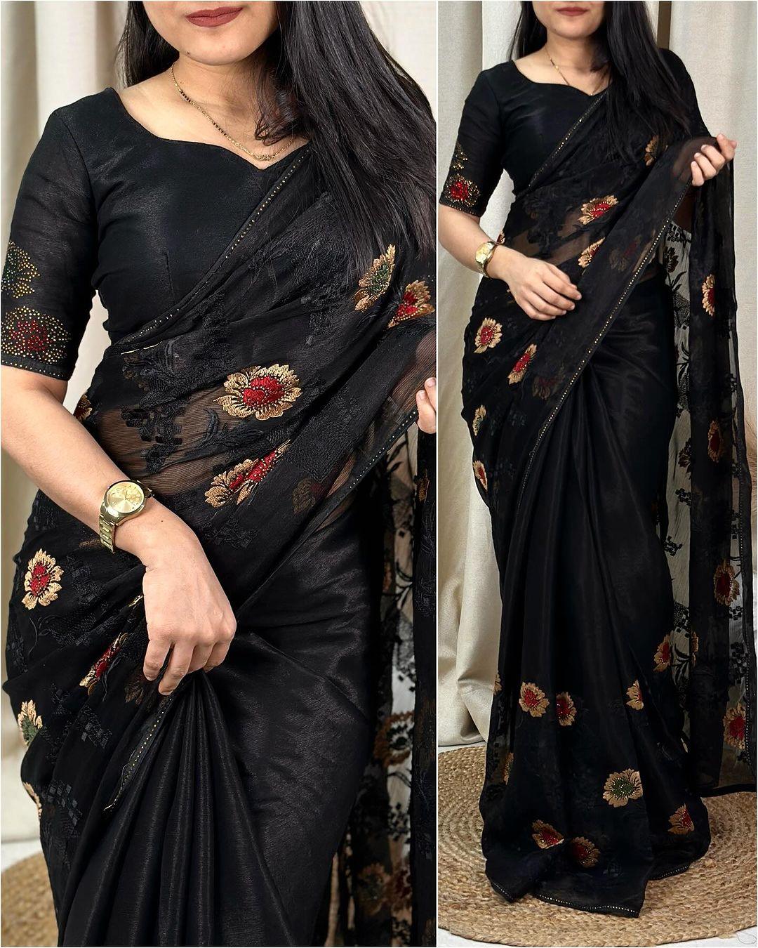 Sitara chiffon saree with thread work in all over saree with sarvoski work and 3 colours sarvoski butta