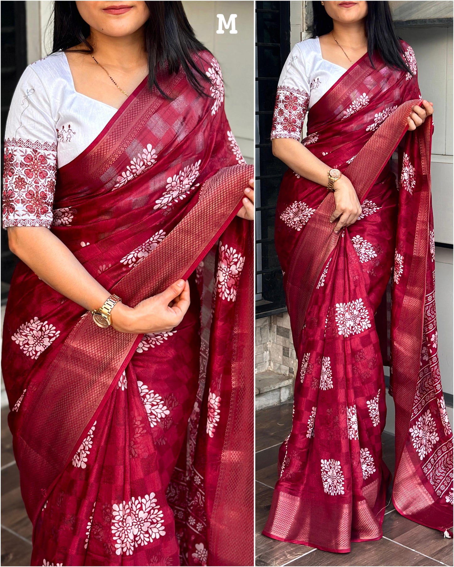 Printed saree with self checks jacquard in saree with zari boder