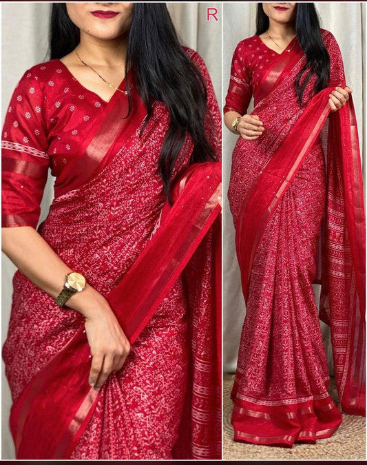 Kalamkari Print Saree With Sequin & Zari Boder & With Printed Blouse - Swaraas