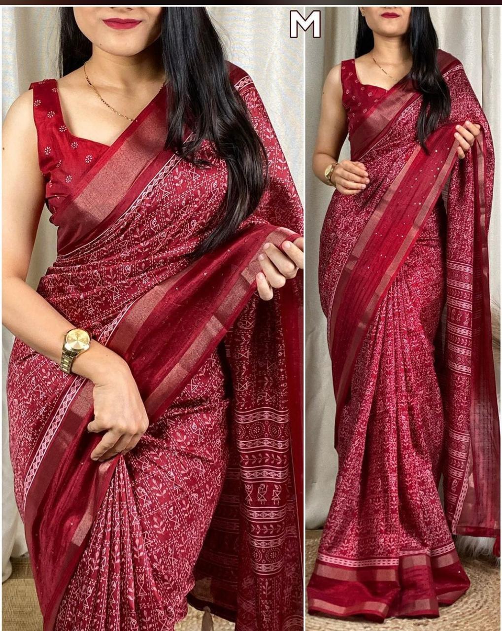 Kalamkari Print Saree With Sequin & Zari Boder & With Printed Blouse