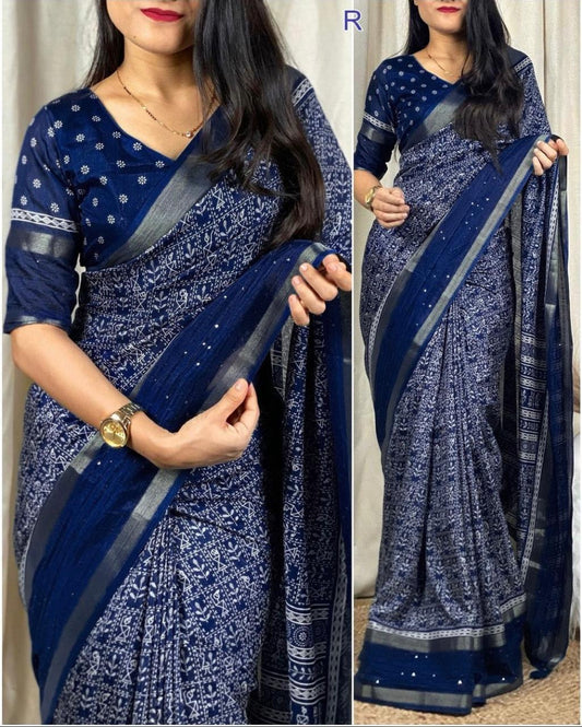 Kalamkari Print Saree With Sequin & Zari Boder & With Printed Blouse - Swaraas
