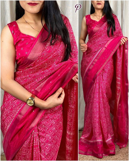 Kalamkari Print Saree With Sequin & Zari Boder & With Printed Blouse - Swaraas