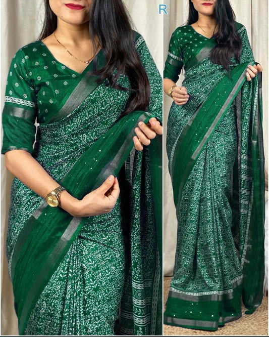 Kalamkari Print Saree With Sequin & Zari Boder & With Printed Blouse - Swaraas