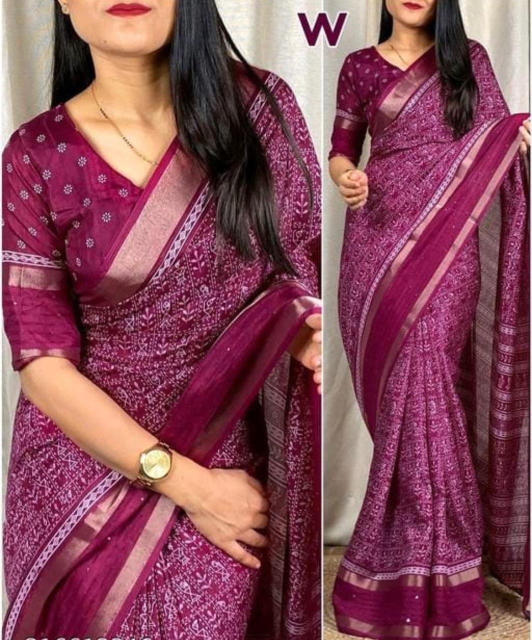 Kalamkari Print Saree With Sequin & Zari Boder & With Printed Blouse