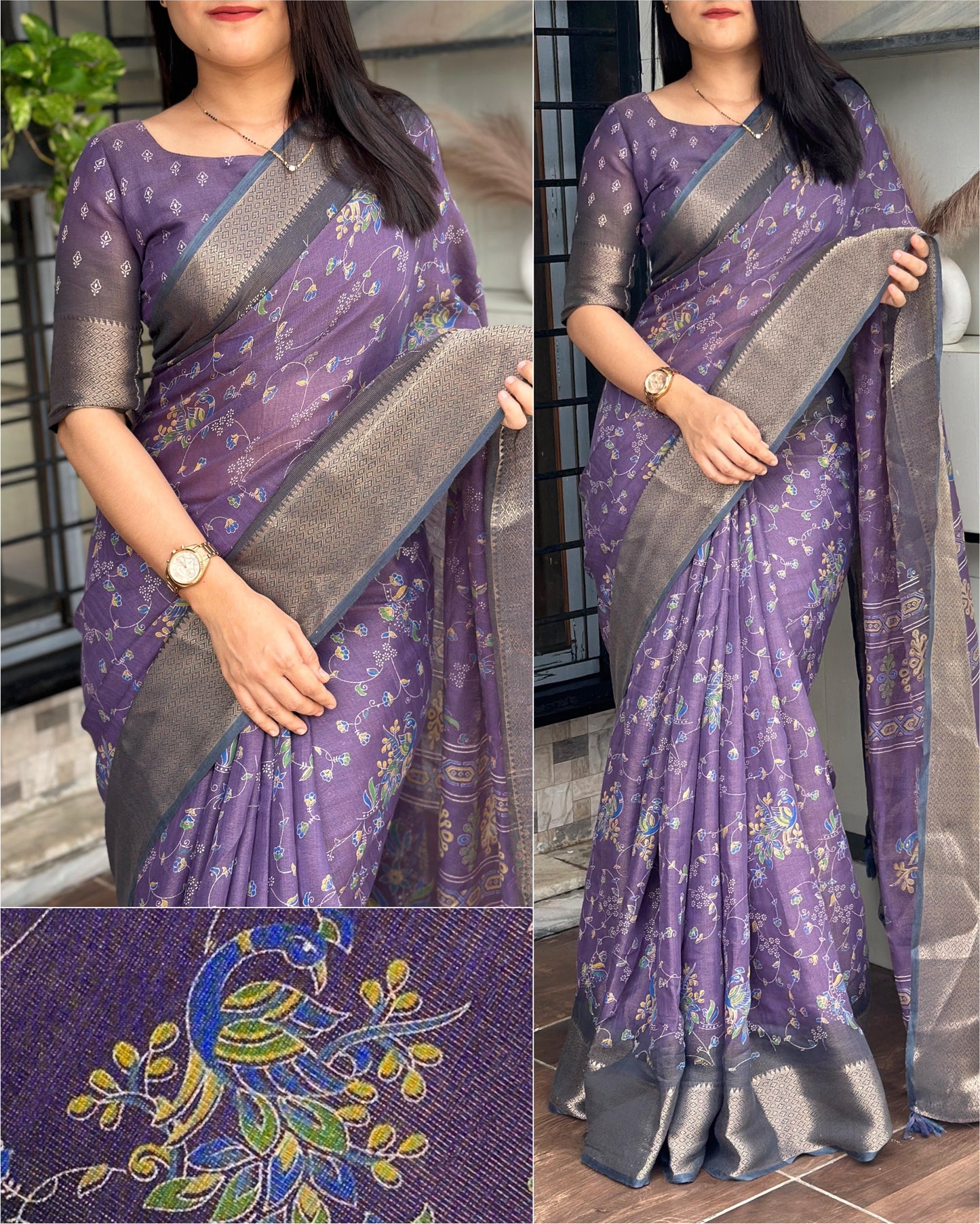 Designer padding printed saree with zari weaving in full saree and zari border & tussels in pallu