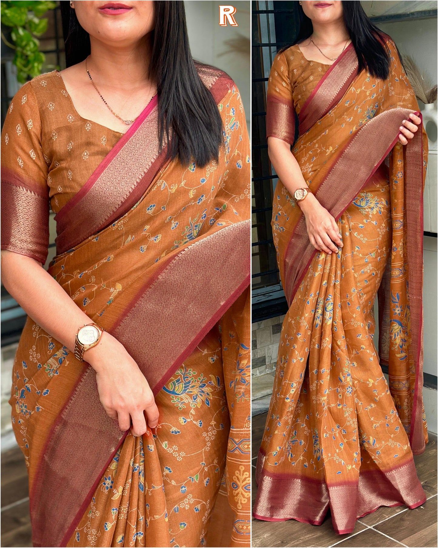 Designer padding printed saree with zari weaving in full saree and zari border & tussels in pallu