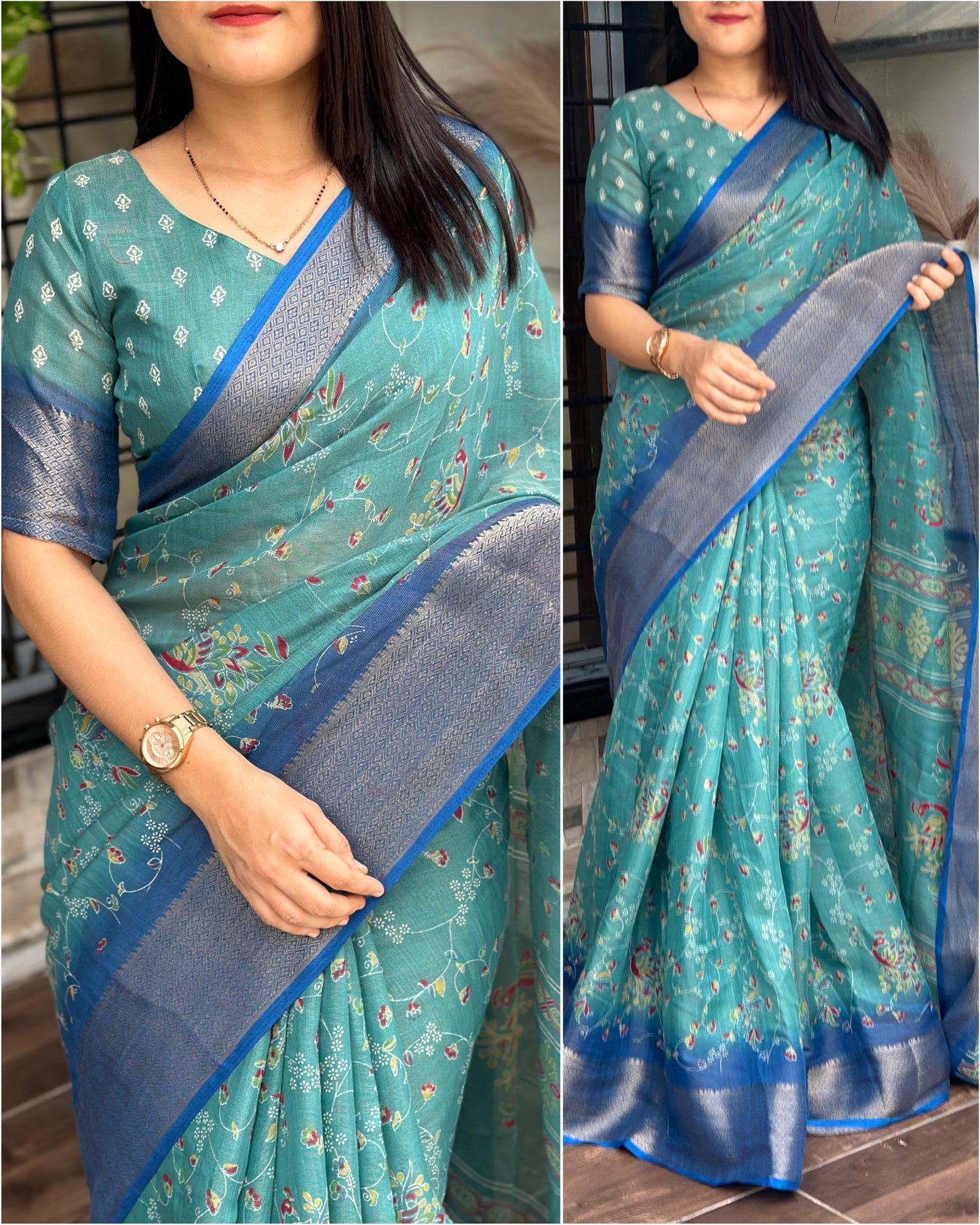 Designer padding printed saree with zari weaving in full saree and zari border & tussels in pallu