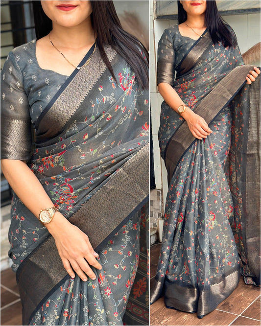 Designer padding printed saree with zari weaving in full saree and zari border & tussels in pallu