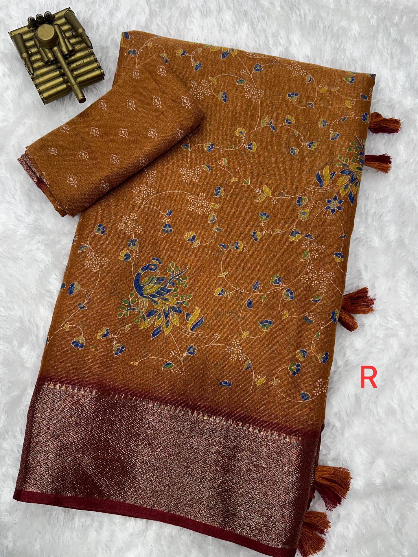 Designer padding printed saree with zari weaving in full saree and zari border & tussels in pallu