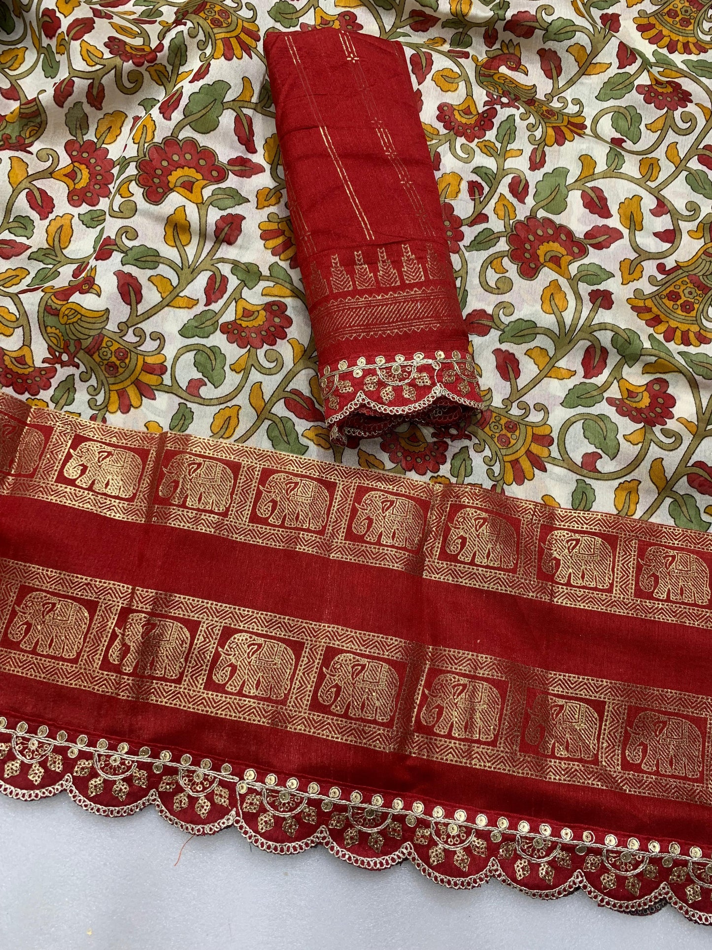 New dola silk saree with kalamkari foil print and magam sequence work lace