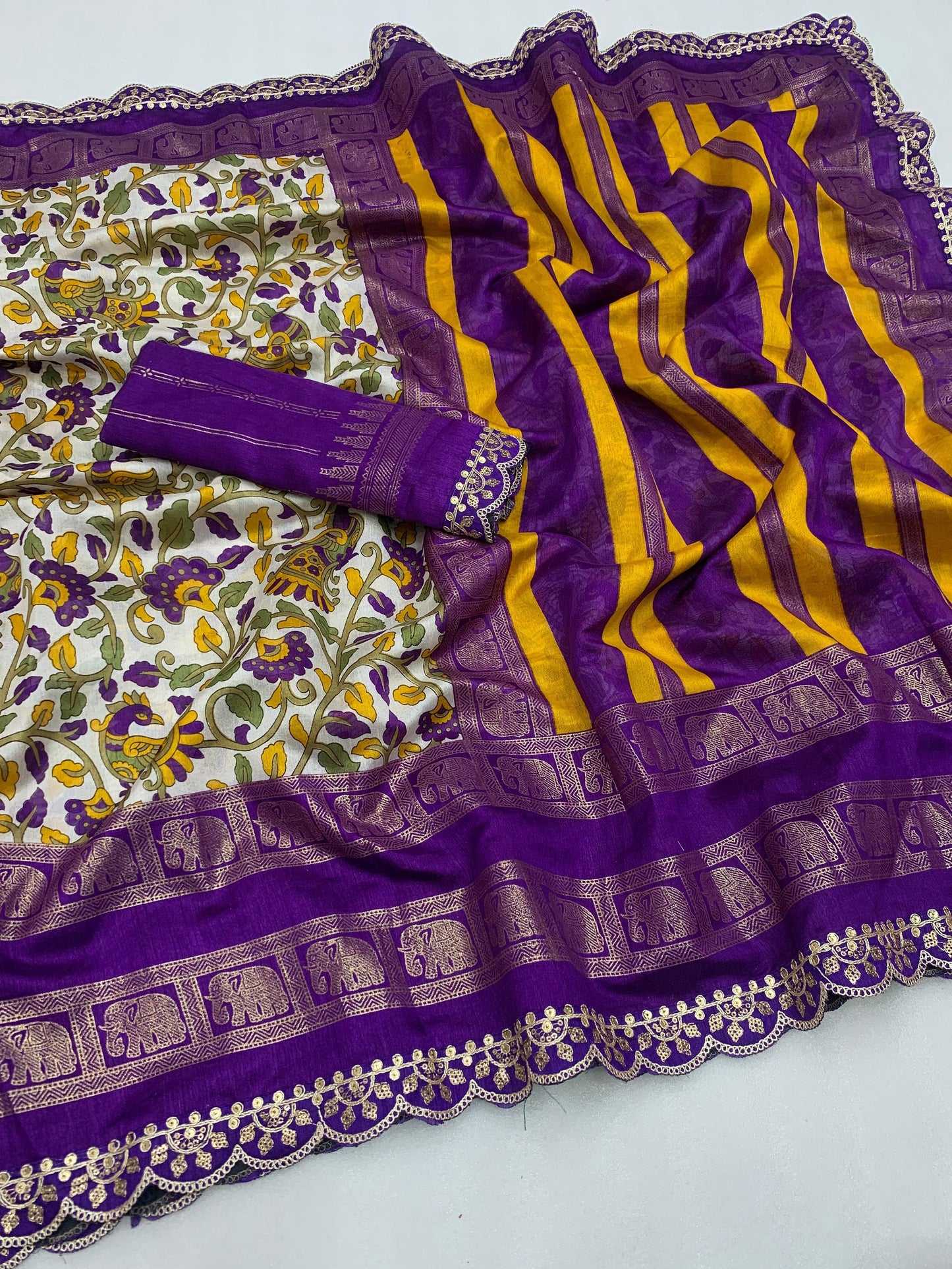 New dola silk saree with kalamkari foil print and magam sequence work lace