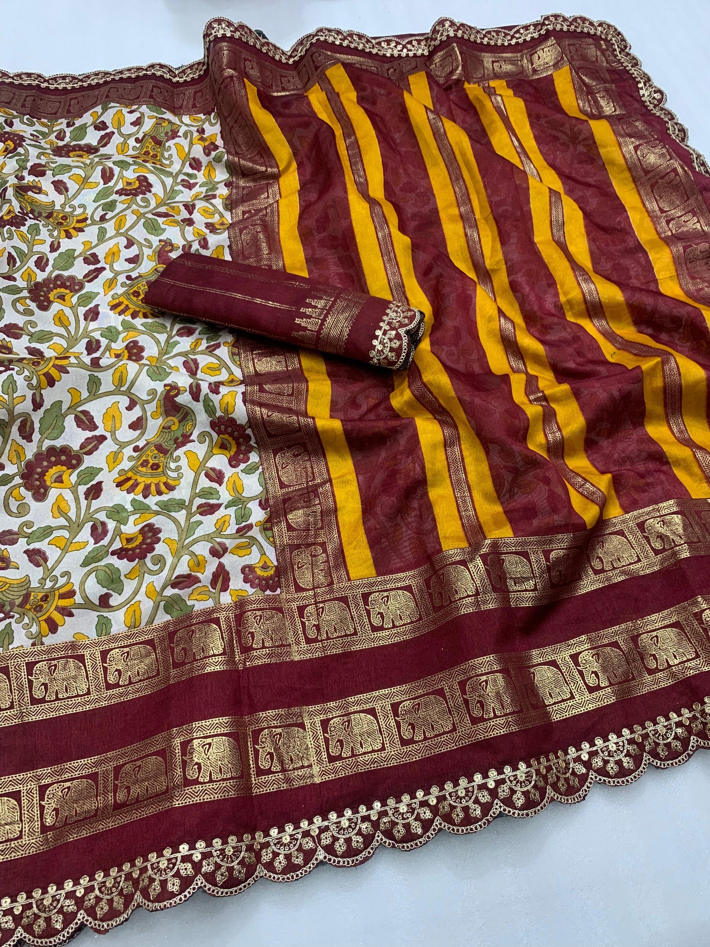 New dola silk saree with kalamkari foil print and magam sequence work lace