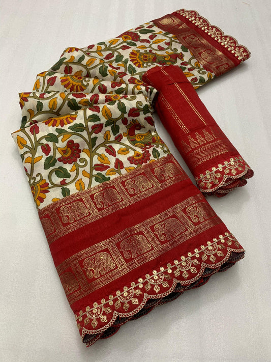 New dola silk saree with kalamkari foil print and magam sequence work lace - Swaraas