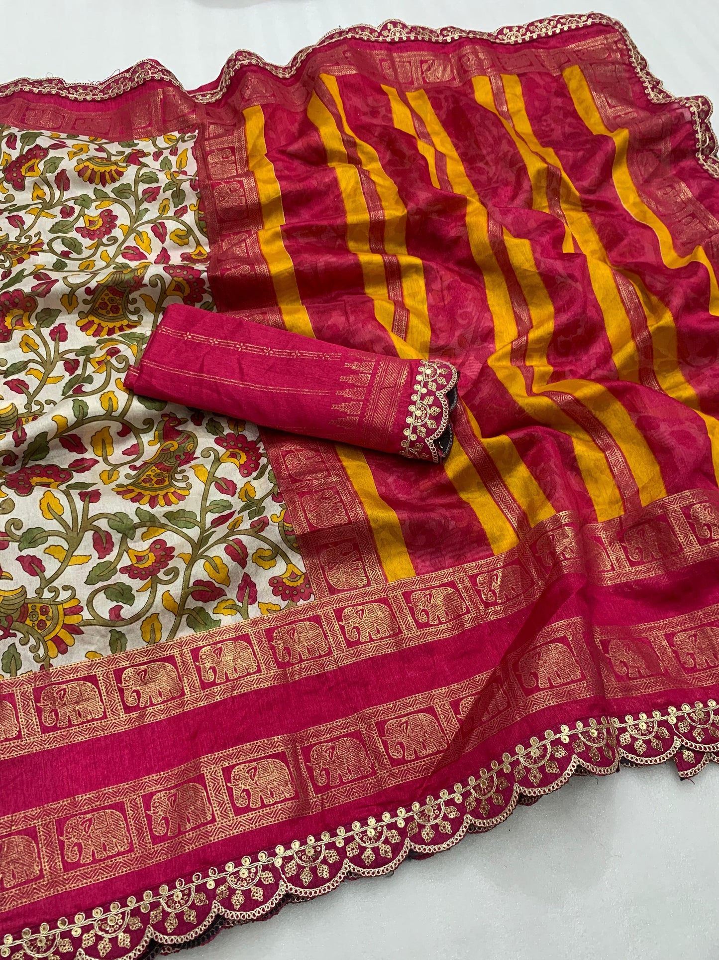 New dola silk saree with kalamkari foil print and magam sequence work lace