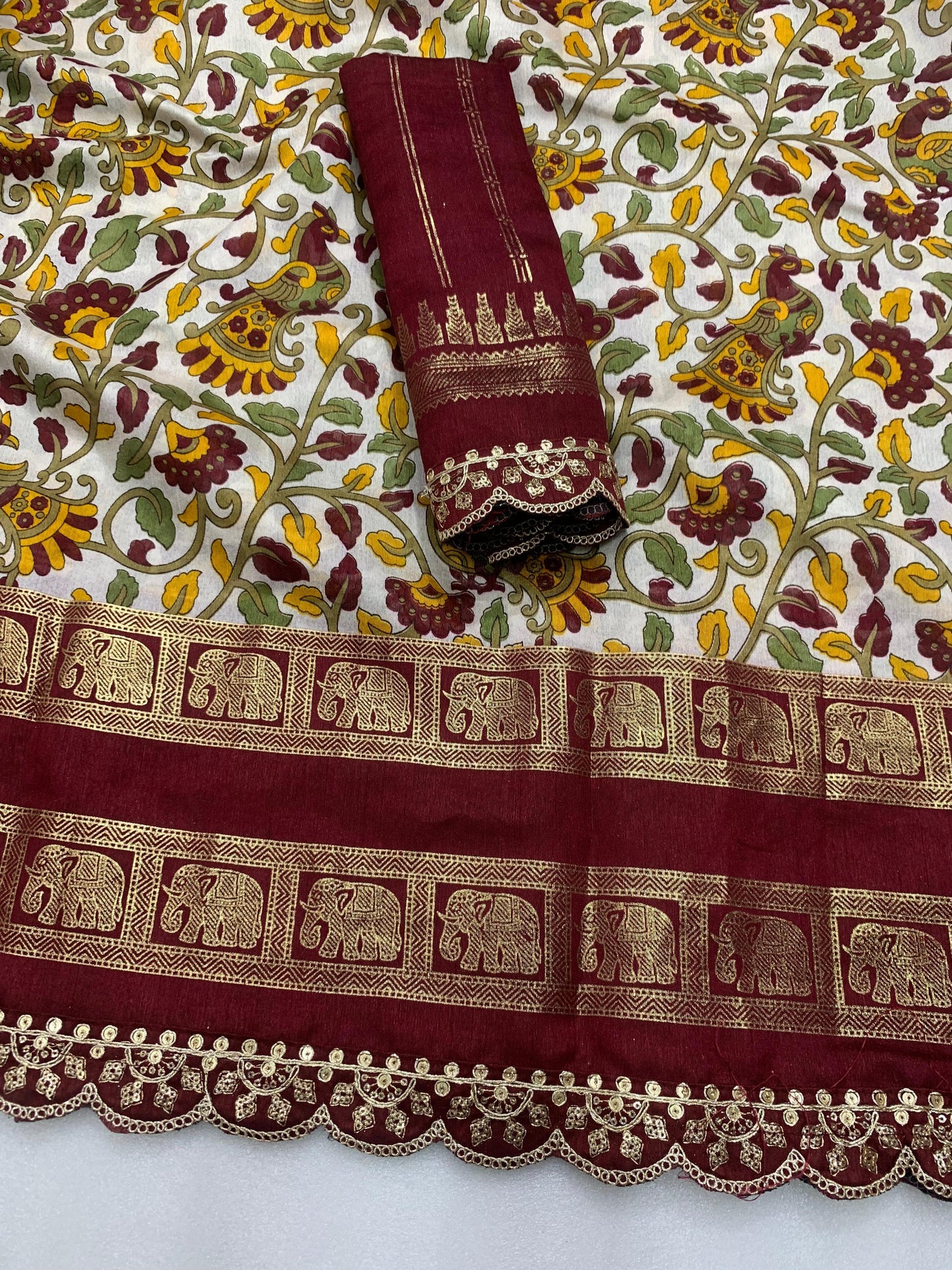 New dola silk saree with kalamkari foil print and magam sequence work lace