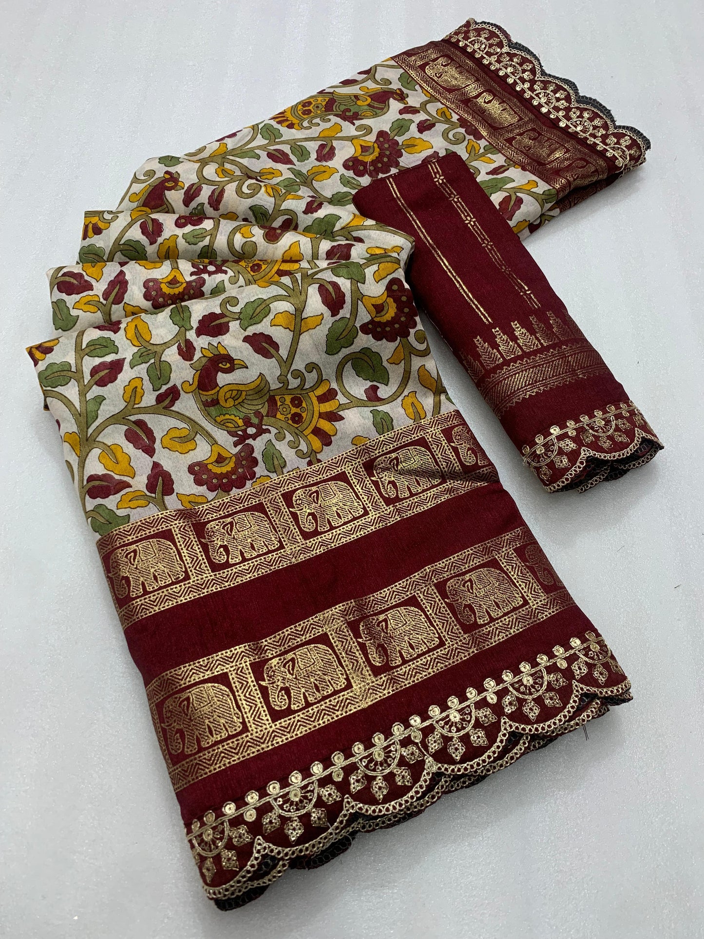 New dola silk saree with kalamkari foil print and magam sequence work lace