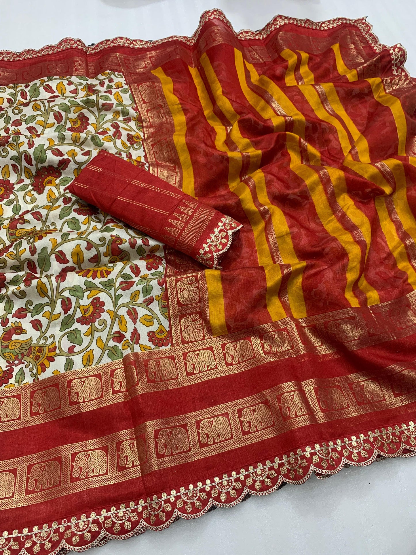 New dola silk saree with kalamkari foil print and magam sequence work lace