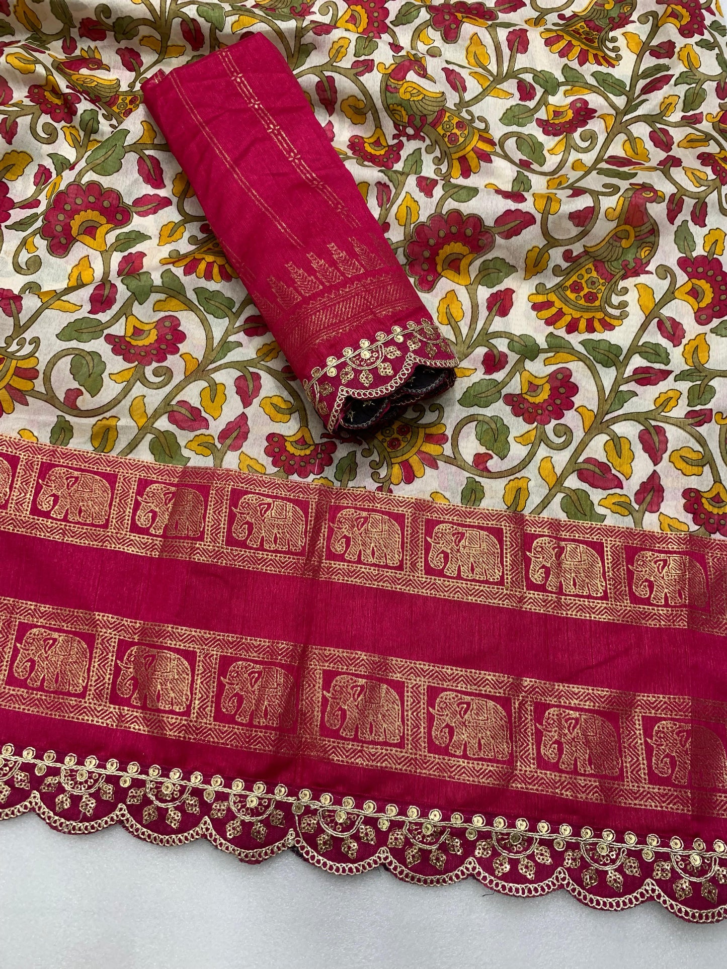 New dola silk saree with kalamkari foil print and magam sequence work lace