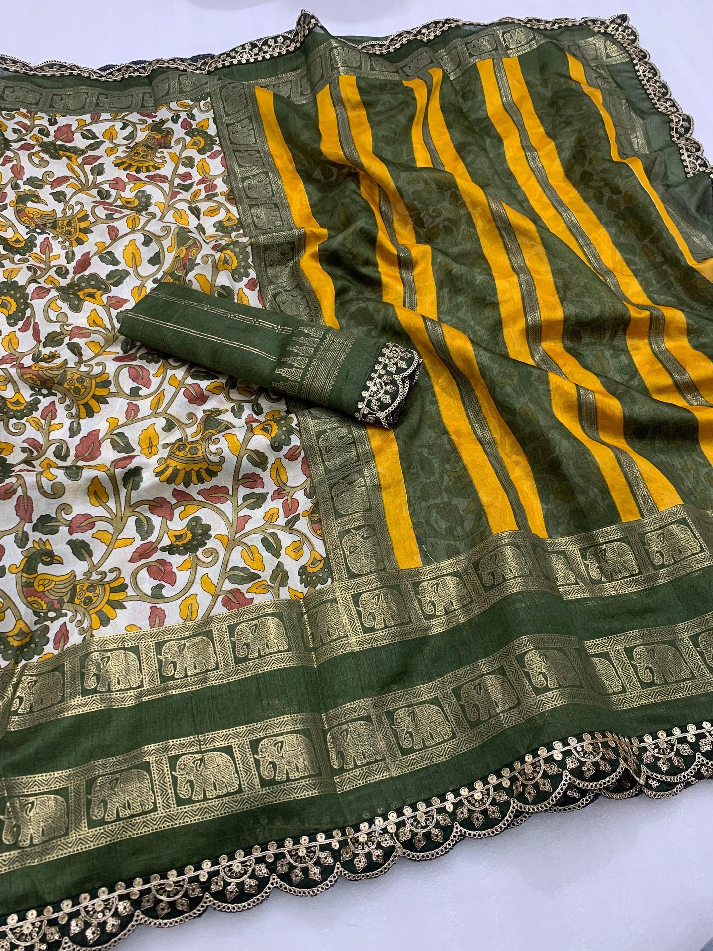 New dola silk saree with kalamkari foil print and magam sequence work lace