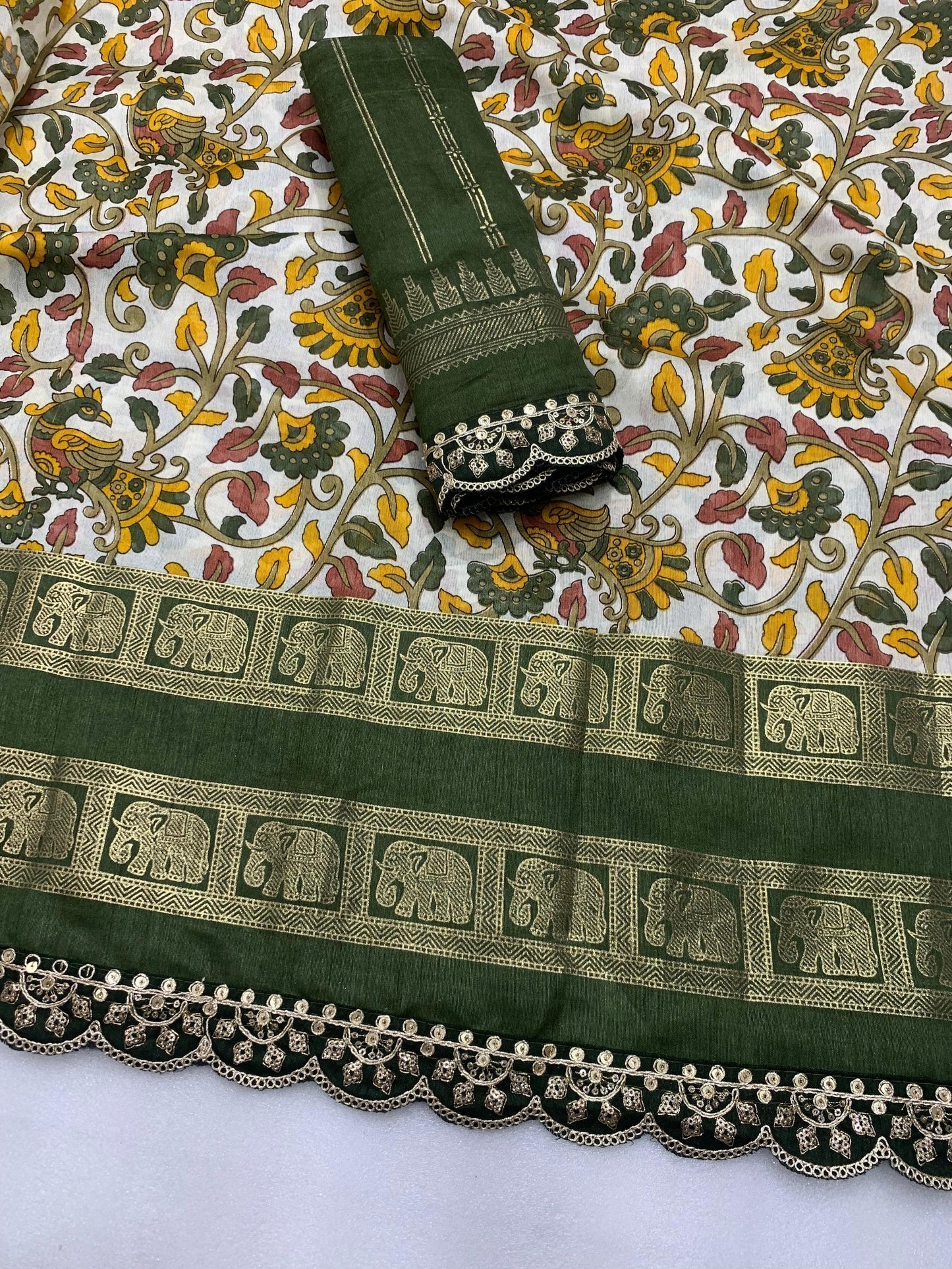 New dola silk saree with kalamkari foil print and magam sequence work lace