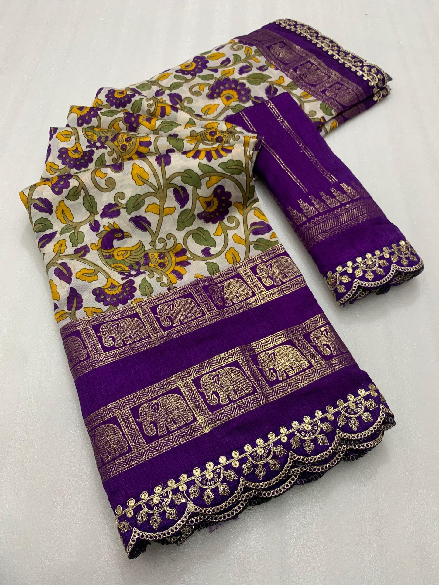 New dola silk saree with kalamkari foil print and magam sequence work lace