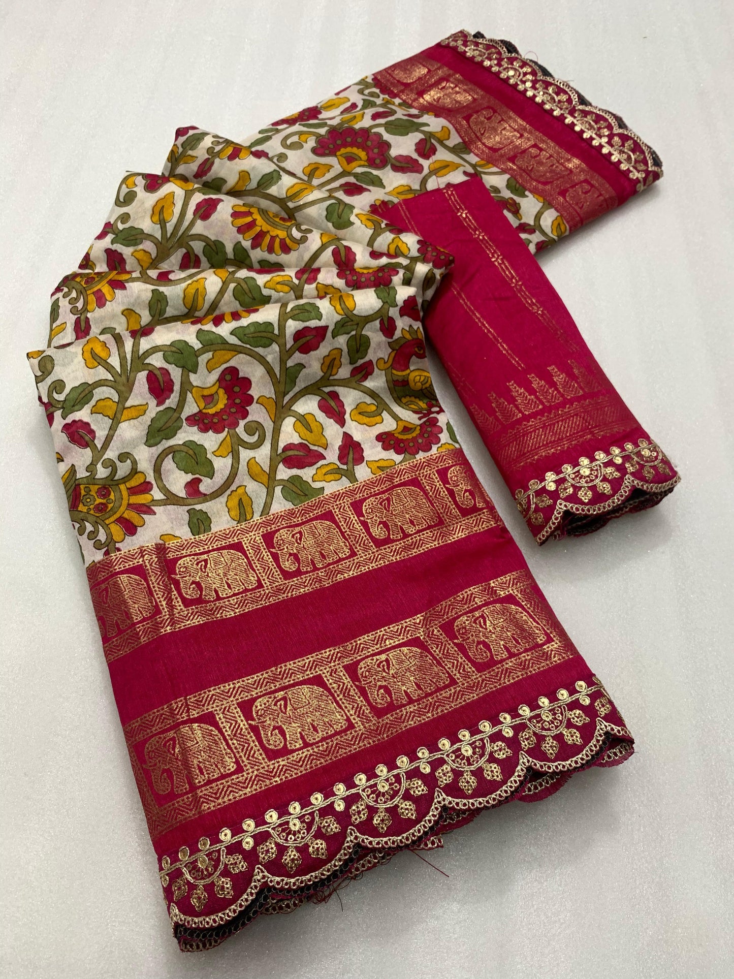 New dola silk saree with kalamkari foil print and magam sequence work lace