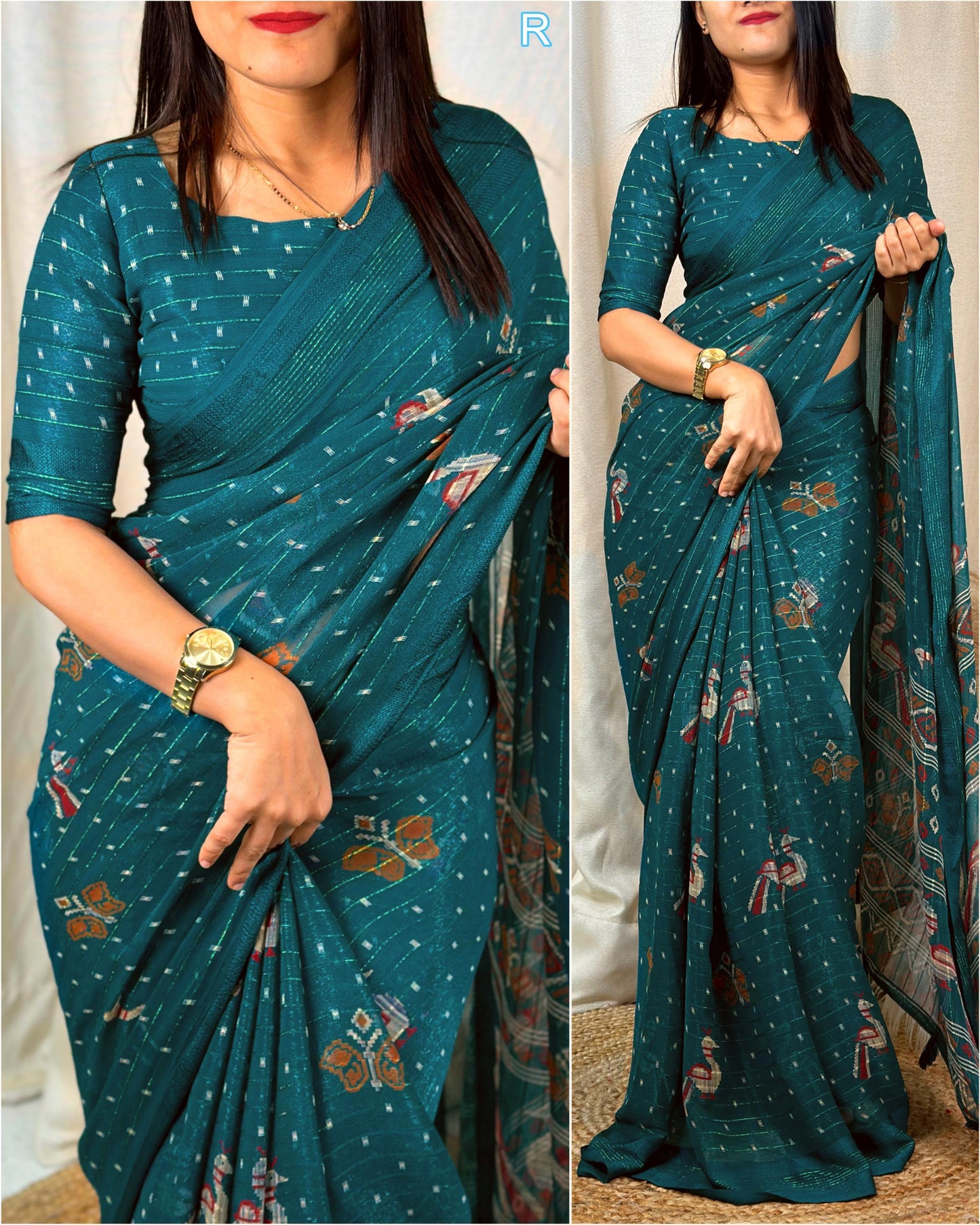 Printed chiffon saree with self jacquard, rainbow zari lining and tussels in pallu