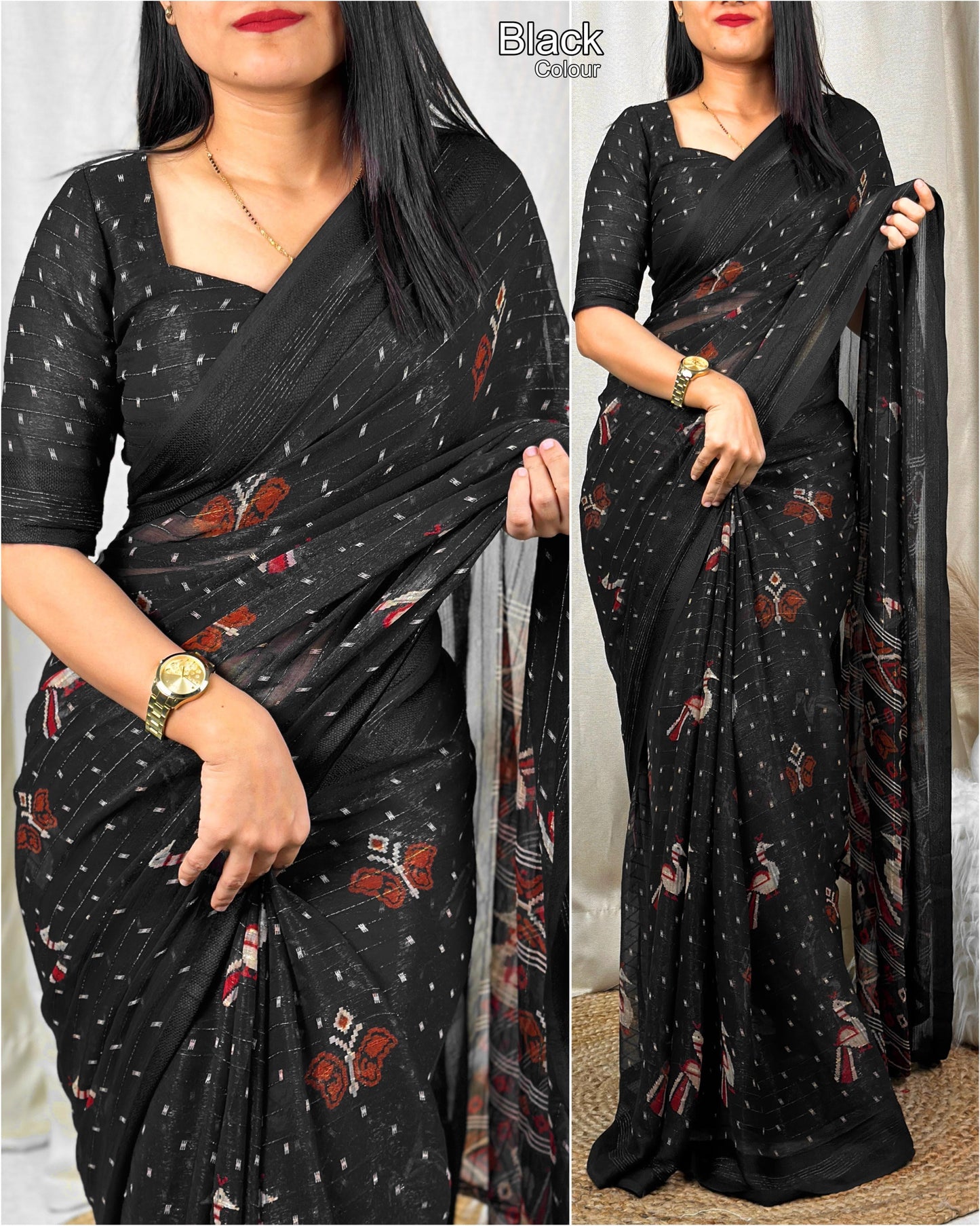 Printed chiffon saree with self jacquard, rainbow zari lining and tussels in pallu