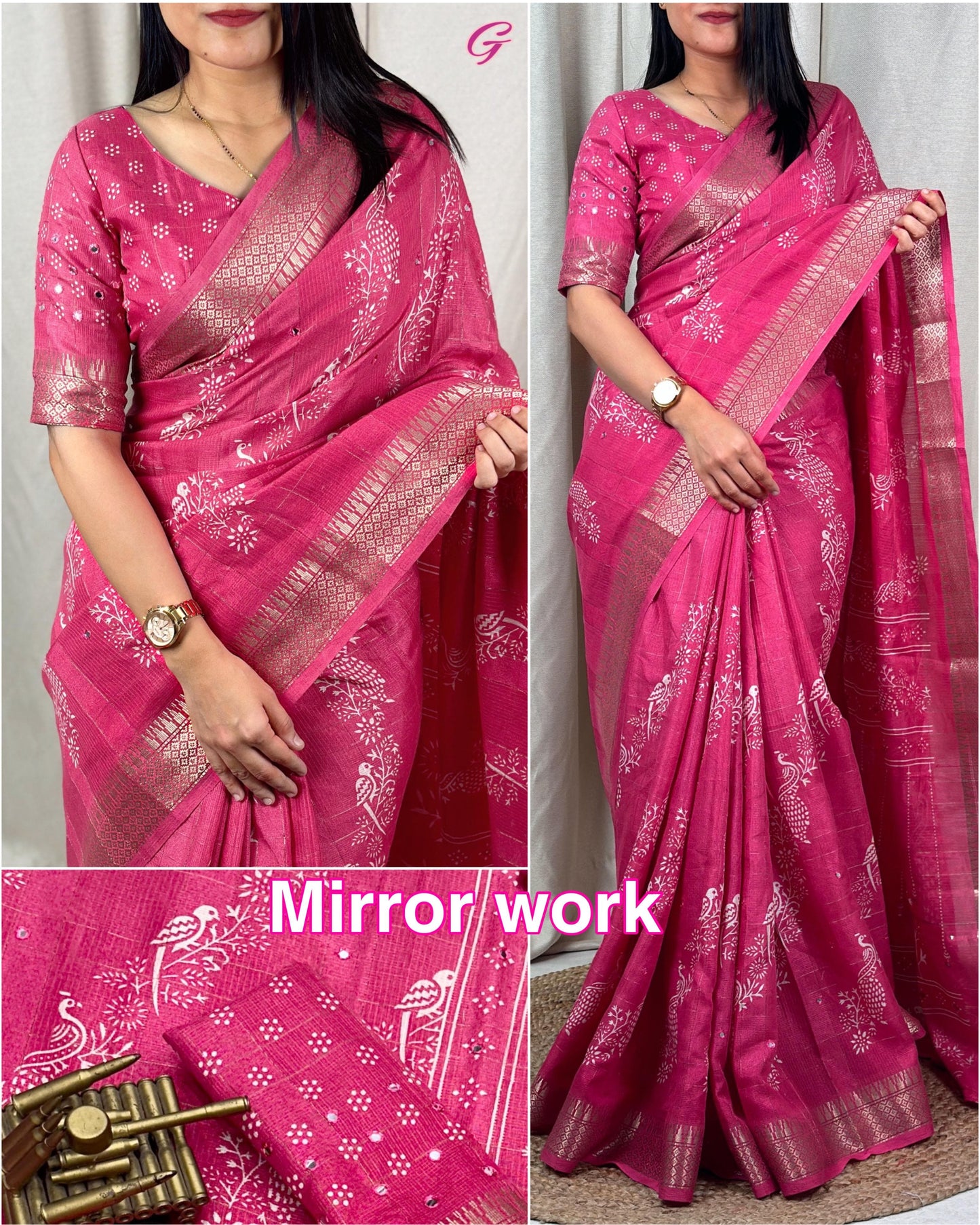 Kalamkari printed saree with zari weaving, & paper mirror work and tussles in pallu