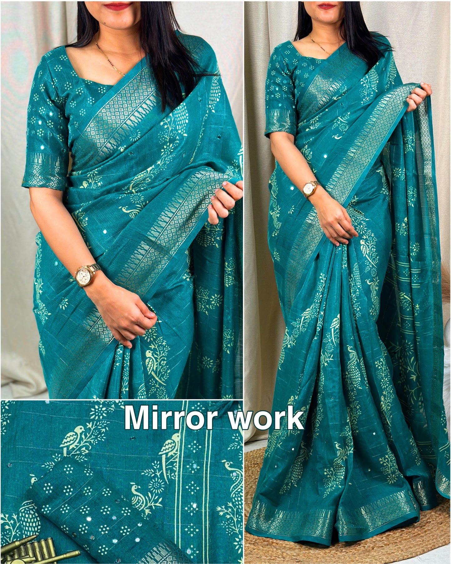 Kalamkari printed saree with zari weaving, & paper mirror work and tussles in pallu